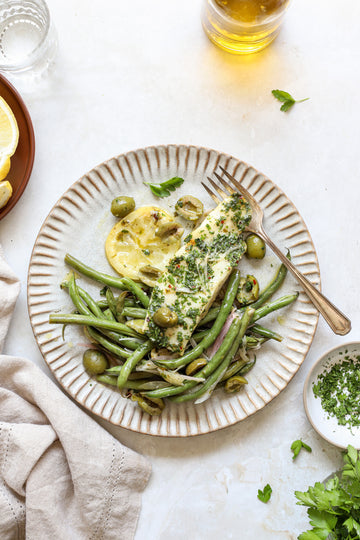 Baked Ling Cod with Castelvetrano Olives and Green Beans