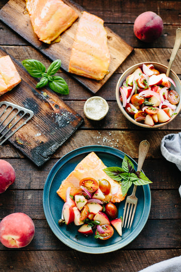 Cedar-Planked Wild Salmon with Peach + Tomato Salsa from Coley Cooks