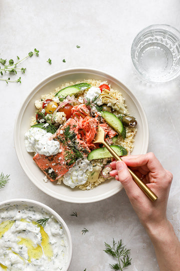 Greek Salmon Bowl with Tzatziki Sauce