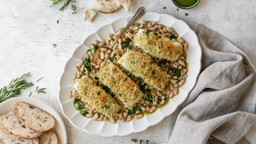 Parmesan Herb Baked Halibut with Herbed White Beans and Gremolata