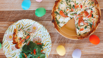 Peppered Salmon, Goat Cheese, and Leafy Greens Quiche with a Potato Crust