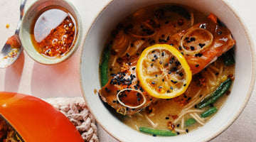 Salmon Soba Noodle Soup with Roasted Lemon
