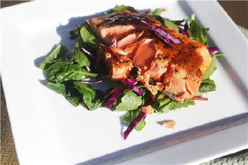 Grilled Salmon on Spring Greens with Peach-Ginger Sauce